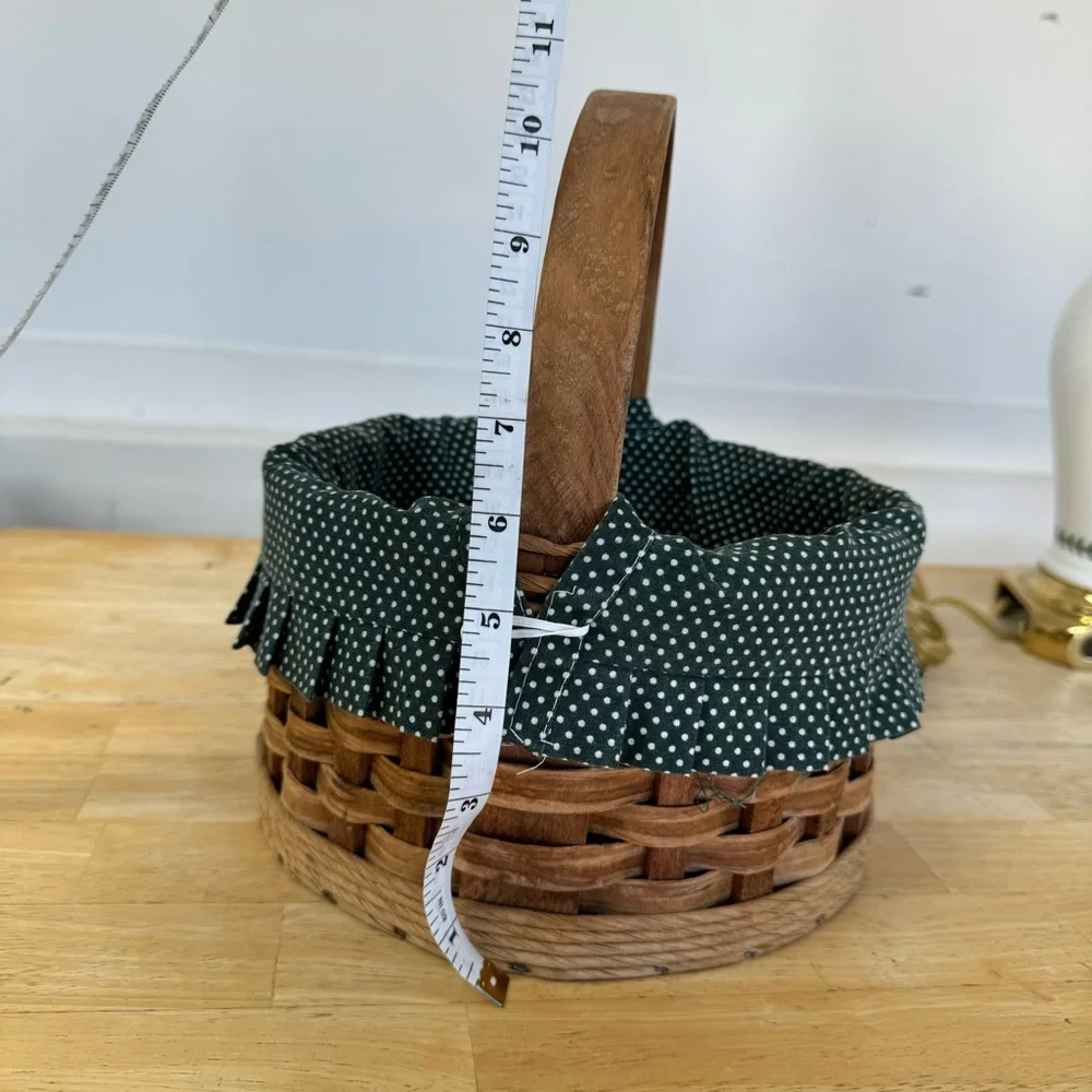 Vintage Wooden Basket Lined Woven Handle Circular Cottage Farmhouse Folk Art EUC